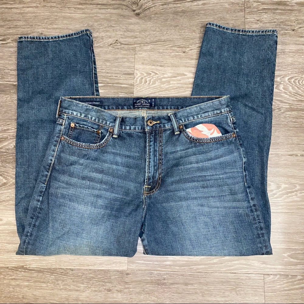 Lucky Brand  Mens 363 Vintage Straight Jeans Distressed Whiskering 36x30 Denim